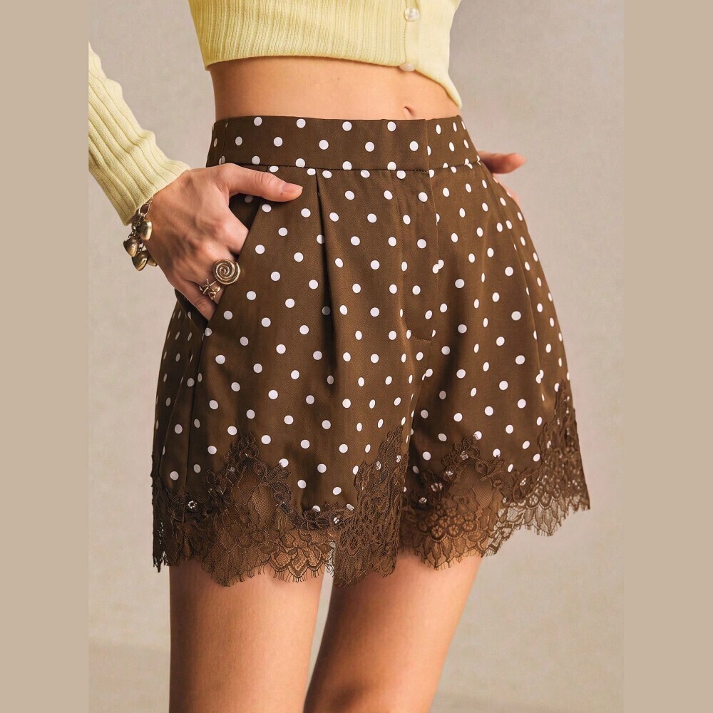 Brown Polka Dot Lace Trim High Waist Wide Leg Shorts